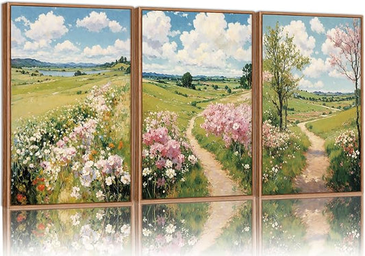 Tinonedraw Rustic Landscape Framed Canvas Wall Art Triptych, Blue and White Wall Decor, Vintage Botanical Floral Artwork, Modern Country Nature Farmhouse Art Prints for Living Room Bedroom 16"x24"x3