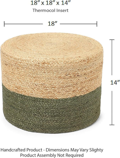 REDEARTH · Cylindrical Pouf Foot Stool Ottoman - Jute Braided Pouffe Poof Accent Sitting Footrest for Living Room, Bedroom, Nursery, Patio, Lounge & Other Rooms (Natural Olive, 18"x18"x14")