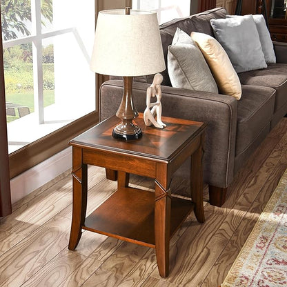 Solid Wood End Table with Storage Shelf, Vintage Rectangle Sofa Side Table with Splicing Tabletop and Carved Leg, BesideTelephone Table Cherry Brown,19.7 * 17.7 * 19.7in CJZ-DR200