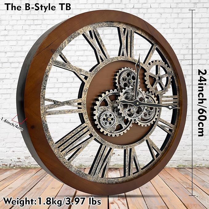 The B-Style Large Wall Clock 24 inch Moving Gear Wall Clock Oversized Vintage Farmhouse Wall Clocks for Living Room Decor Rustic Industrial Wood Clock (Drak Brown and Bronze)