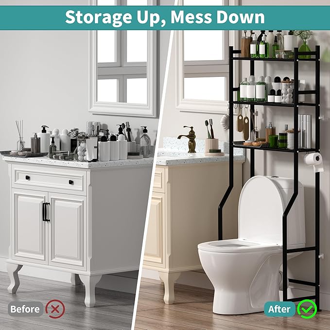 3-Tier Over The Toilet Storage with Paper Holder, Metal Bathroom Organizers and Storage for Small Space, Freestanding Bathroom Shelves with 4 Hooks, Above The Toilet Storage Shelf, Black