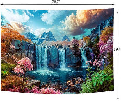 Delur Waterfall Tapestry Tropical Forest Mountain Sunset Tree Wall Hanging Tapestry Scenic Rainforest Landscape Nature Sunrise Headboard for Bedroom Living Room Home Decor (59.1" x 78.7")