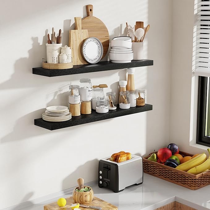 36 Inch Floating Shelves, 8 Inch Deep Floating Shelves for Wall, Hanging Shelf with Invisible Brackets, Deep Shelves for Bathroom, Bedroom, Living Room, Black, Set of 2