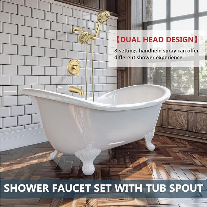 Aolemi Tub Shower Faucet Set with Tub Spout Rain Shower Head System Shower Trim Kit Pressure Rough-in Valve Included ABS 8 Setting Dual Shower Head and Handheld Spray Brushed Gold