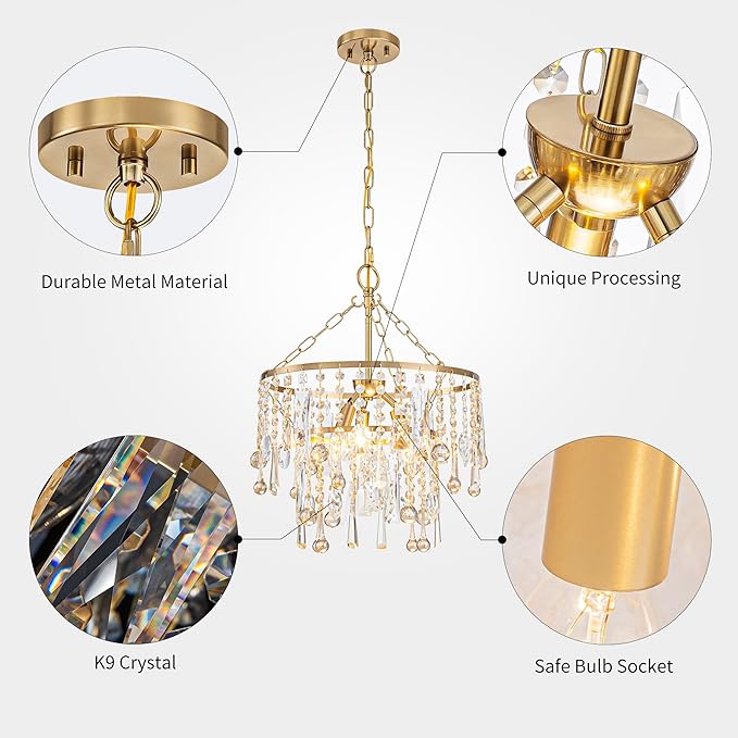 3-Lights K9 Crystal Chandeliers, Luxury Vintage Pendant Light Fixture for Dining Room, Living Room, D15*H20.4~66.8 inch (Adjustable), Clear Crystal & Gold Finish