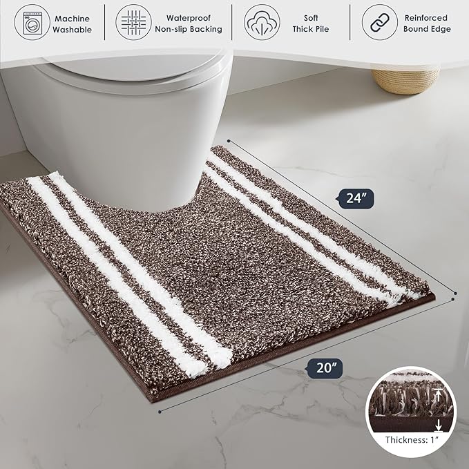 PURRUGS Bathroom Rug Non-Slip Machine Washable 20" x 24" U-Shaped, Super Absorbent and Quick Dry Shaggy Microfiber Bath Mat, Extra Soft and Plush Contour Rug for Toilet Base, Brown