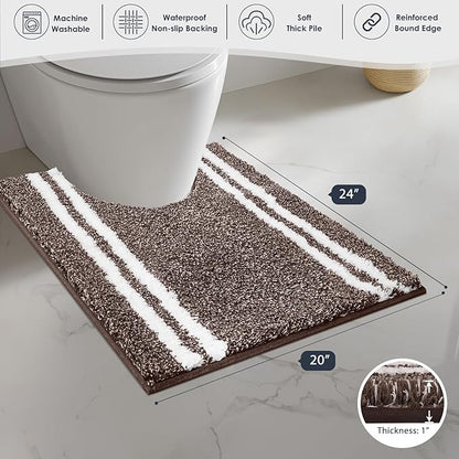 PURRUGS Bathroom Rug Non-Slip Machine Washable 20" x 24" U-Shaped, Super Absorbent and Quick Dry Shaggy Microfiber Bath Mat, Extra Soft and Plush Contour Rug for Toilet Base, Brown