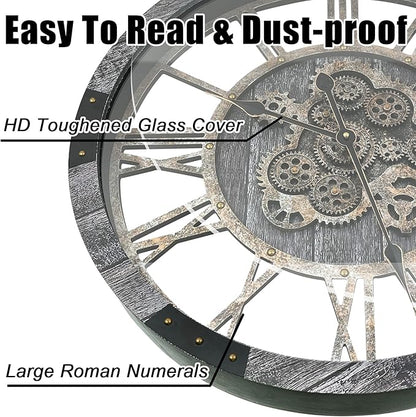 DORBOKER 24" Large Wall Clock with Moving Gears,Oversize Vintage Industrial Rustic Farmhouse Clocks for Living Room Decor Office Home,Solid Wood HD Tempered Glass Cover,Carbon Grey