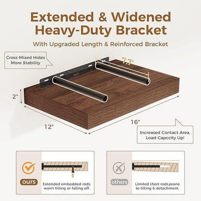 12 Inch Deep Floating Shelves, 16 x 12 Floating Shelf for Books, Rustic Wood Deep Wall Shelves for Home Storage & Display, 2" Thicked Shelves for Kitchen, Living Room, Bedroom, Walnut Color, 2 Pack