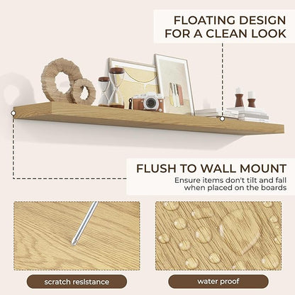 RICHFOCUS 72Inch Floating Shelves for Wall 1 Pack Shelves for Bedroom|Kitchen|Bathroom Wall Mounted Rustic Wood Floating Shelf with Invisible Brackets for Books|Storage|Decor, Oak