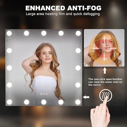 Hasipu LED Bathroom Mirror with Lights, 32" x 32" Hollywood Wall-Mounted Bathroom Mirror with 16 Dimmable Bulbs, 3 Colors Modes, Touch Control, Anti-Fog, Memory Function, Shatter-Proof, ETL Listed