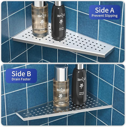 Corner Shower Shelf 2PCS, Trapezoid Shaped Bathroom Shelves 12'' for Tiled Wall, 304 Stainless Steel Grout in Shelf, No Drilling Needed (Silver)