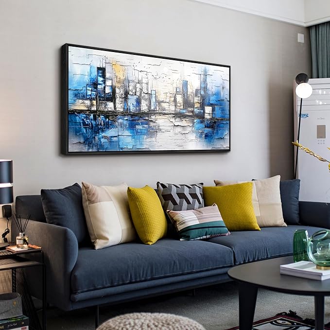 ZUITINGHUA Large Black Framed Wall Decor For Living Room Canvas Wall Art For Office Modern Wall Decorations For Bedroom Blue Landscape Paintings Abstraction Pictures Artwork Home Decor 24x48 In