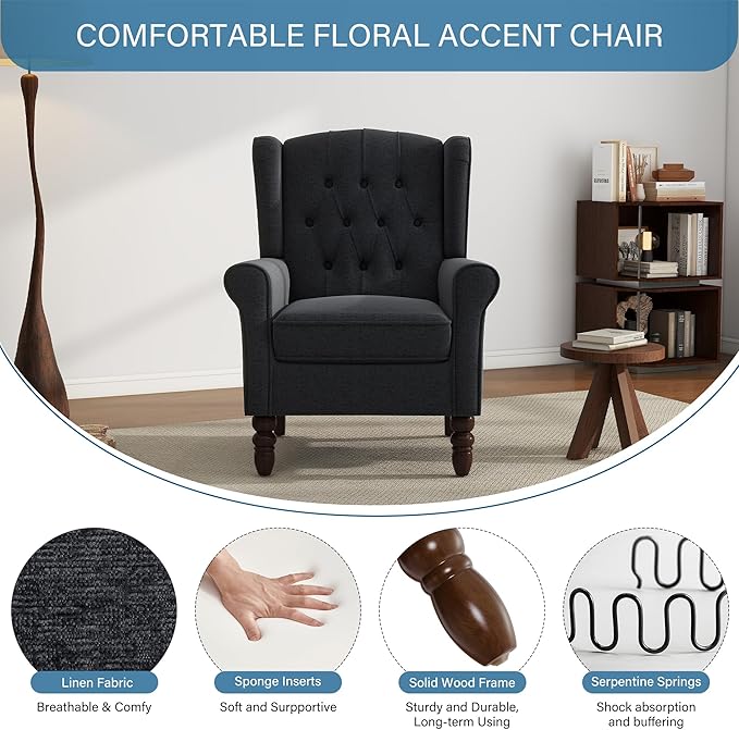 UIXE High Back Accent Chair, Upholstered Armchair in Fabric, Retro Wingback Arm Chair for Living Room, Comfy Single Sofa Bedroom Reading Seat with Solid Wood Legs - Black Blue