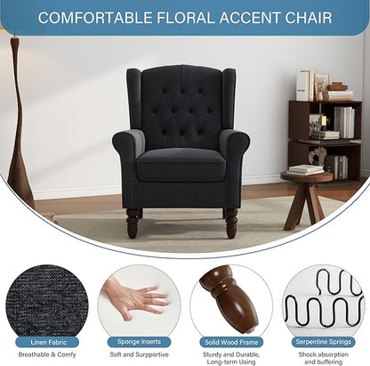 UIXE High Back Accent Chair, Upholstered Armchair in Fabric, Retro Wingback Arm Chair for Living Room, Comfy Single Sofa Bedroom Reading Seat with Solid Wood Legs - Black Blue