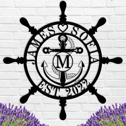 Personalized Ship Wheel Metal Sign, Customized Nautical Wall Decor, Anchor Compass Metal Sign, Family Name Sign, Monogram Wall Decor, Last Name Signs for Home, Housewarming Gift