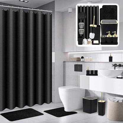 Bathroom Set with Shower Curtain and Rugs- 25PC Bathroom Accessory Set, Black Shower Curtain Set, Toilet Brush, Trash Can, Qtip Holder Dispenser & Soap Dispenser