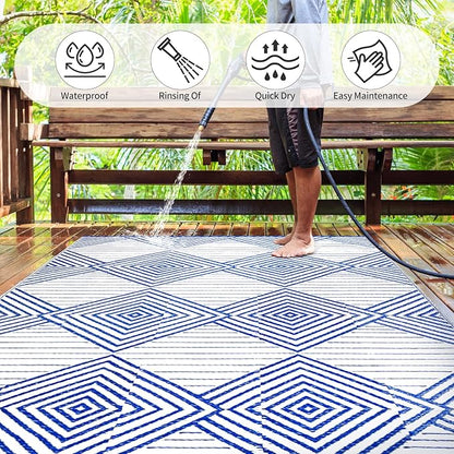 Waterproof Outdoor Rug 6x9ft, Foldable Reversible Plastic Straw Mat for Patio RV Deck Porch Backyard Balcony Camping Picnic Beach Indoor Outdoor Carpet, Blue&White
