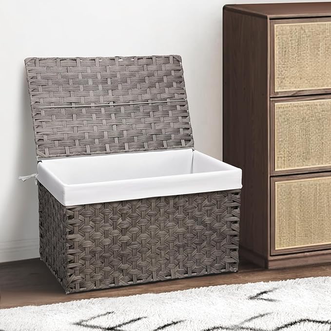 Wicker Storage Basket with Lid, 42.3 Gallon (160L) Large Blanket Basket with Lid, Woven Storage Bin with Handles, Removable Liner, Metal Frame, Foldable, for Bedroom, Laundry Room, Grey