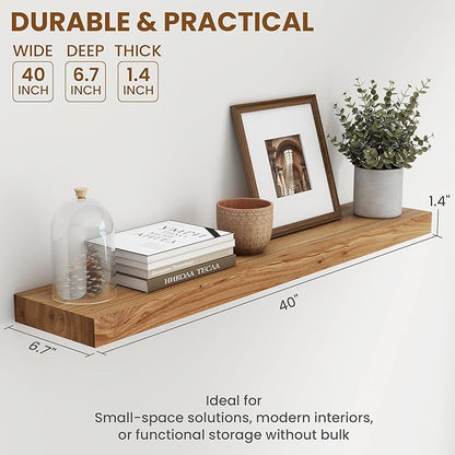 40 Inch Floating Shelves for Wall, Rustic Elm Wood Shelf for Home Decor, Heavy-Duty Wooden Floating Shelves for Kitchen, Wall Mounted Storage Shelves for Bathtoom, Living Room, Natural Color, Set of 1