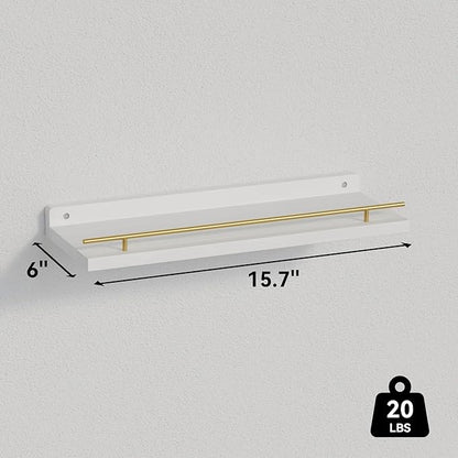 WOPITUES Floating Shelves with Gold Metal Guardrail, Shelves for Wall Decor Set of 3, Wall Shelves for Bedroom, Bathroom, Kitchen, Living Room, Plants, Picture Frames, Art- White and Gold