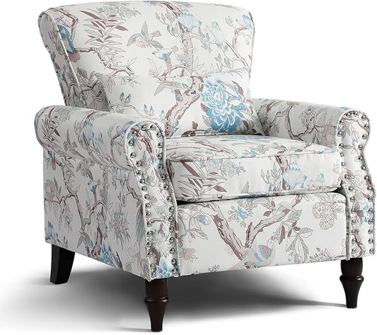 Wingback Accent Chair with Removable Pillow, High Back Floral Armchair with Solid Wood Legs & Nailhead Trim, Comfy Upholstered Reading Single Sofa Chair for Bedroom (1, Bird Floral Pattern)