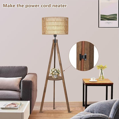 Boho Tripod Floor Lamps for Living Room, Rattan Wood Floor Lamp with Fabric Shades, Mid Century Standing Lamp with Shelf, Foot Switch, Modern Farmhouse Tall Lamps for Bedroom Office Brown