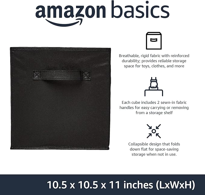 Amazon Basics Collapsible Fabric Storage Cubes Organizer with Handles, Sturdy, Black, 10.5-x-10.5-x-11-inch, Pack of 6