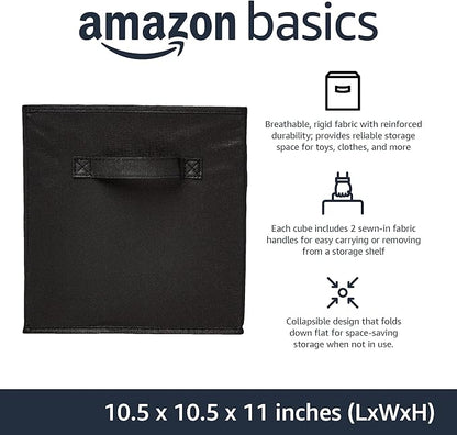 Amazon Basics Collapsible Fabric Storage Cubes Organizer with Handles, Sturdy, Black, 10.5-x-10.5-x-11-inch, Pack of 6