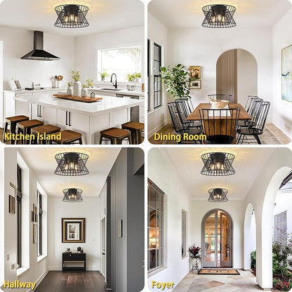 3-Lights Black Ceiling Light Vintage Geometric Chandelier Light Fixture Adjustable Metal Semi Flush Mount Lighting for Kitchen Room Dining Room Foyer