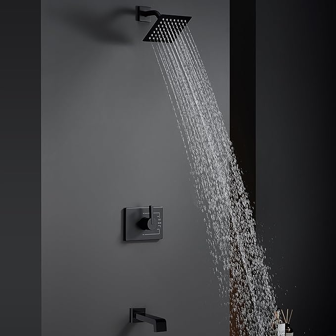 Shower Fixtures, Black Shower Faucet Set with 6 Inch Matte Black Shower Head and Tub Spout, Black Shower Head and Handle Set (Valve Included)