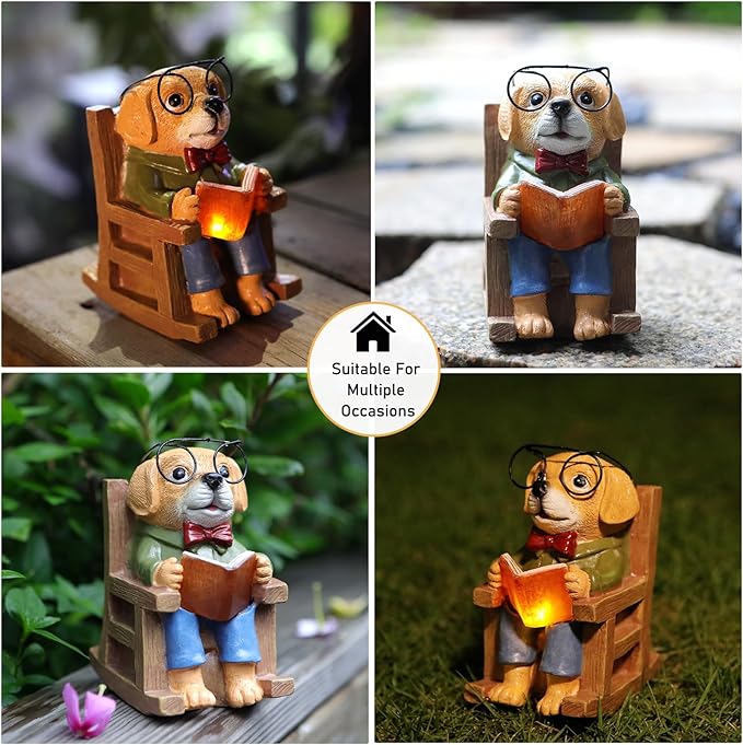 Solar Garden Decor Statues Dog Figurines Mini Fairy Garden Accessories Outdoor Lights,Garden Art Patio Porch Balcony Yard Home Lawn Ornaments,Mothers Day Birthdays Gifts for Mom Grandma