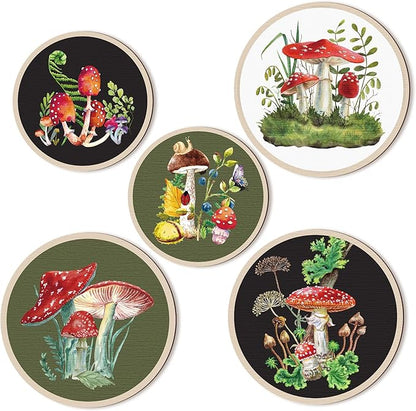 Qunclay 5 Pcs Wall Art Decor Wooden Living Room Wall Decor Bohemian Hanging Farmhouse Geometric 10'' and 8'' Aesthetic Wood Minimalist Posters for Bedroom(Mushroom)