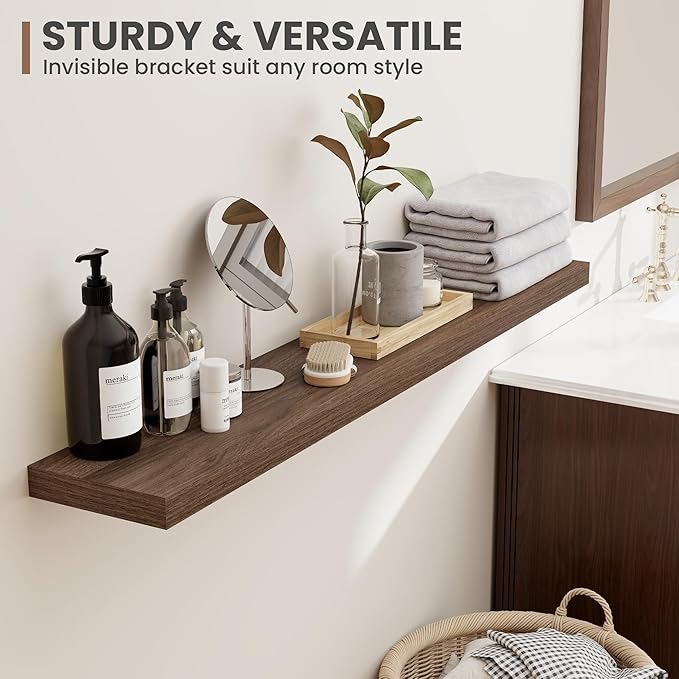 36 Inch Floating Shelves, 8 Inch Deep Floating Shelves for Wall, Hanging Shelf with Invisible Brackets, Deep Shelves for Bathroom, Bedroom, Living Room, Walnut, Set of 2