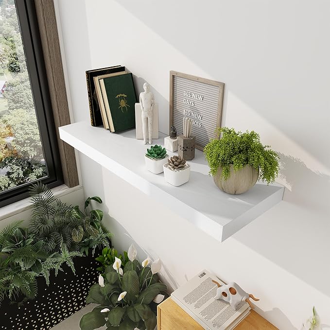 White Floating Shelves 36 Inch Long, 12 Inch Deep Floating Shelves for Wall, 36 x 12 Shelves for Wall Storage & Display, 2" Thick Floating Shelf for Bathroom, Living Room, Bedroom, Set of 2