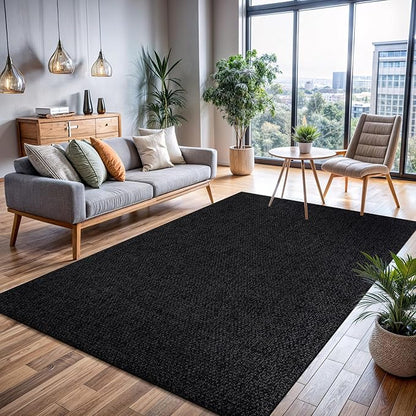 CAMILSON Easy Jute Rug 6x9, Indoor Outdoor Dark Gray Black Farmhouse Area Rugs for Living Room Patio and Kitchen Rug, Solid Boho Woven Design, Easy-Cleaning, Washable Outside Carpet Alfombras (6 x 9)