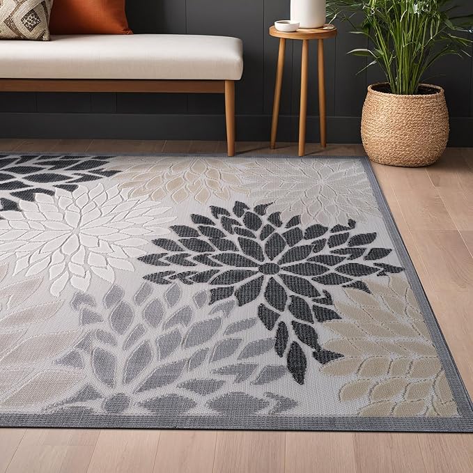 Beverly Rug Outdoor Rug 6x9 Modern Floral Tropical Area Rugs for Indoor and Outdoor Patio Easy to Clean Non Shedding Living Room Porch Garden Washable Outside Carpet (6 x 9 Beige)