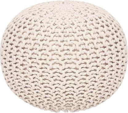 REDEARTH Round Pouf Ottoman –18"x18"x14" Hand-Knitted Cotton Pouffe –Cable Footstool –Boho Dori Hassock –Pre-Stuffed Poof – Extra Seat -Poofy Footrest for Living Room, Bedroom, Nursery, Nook –Ivory