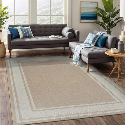 Beverly Rug Large Outdoor Rug 9x12 Modern Bordered Area Rugs for Indoor and Outdoor Patio Deck Porch Garden Waterproof Weather Sun Resistant Washable Outside Carpet (9 x 12 Beige)