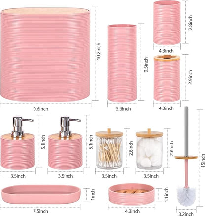 Pink Bathroom Set, 25 PCS Bathroom Accessories Set with Shower Curtains, Rugs, Trash Can, Toothbrush Holder, Soap Dispensers, Toothbrush Cup, Vanity Tray, Soap Dish, Toilet Brush, Qtip Holders