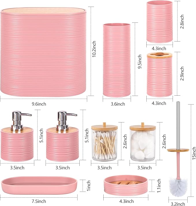 Bathroom Accessory Set,10 PCS Pink Bathroom Accessories Set with Trash Can, Toothbrush Holder, Soap Dispenser, Toothbrush Cup, Vanity Tray, Soap Dish, Toilet Brush, Qtip Holders