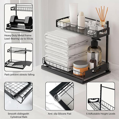 Under Sink Organizer with Pull-Out Drawers,Kitchen Sink Organizer,2 Tier Bathroom Organizers And Storage,Bathroom Accessories Set,Black 1 Pack
