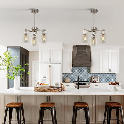 3-Light Brushed Nickel Pendant Lighting for Kitchen Island, Hanging Dining Room Light Fixtures Over Table, Industrial Chandelier for Entryway Hallway Foyer Bedroom, Clear Glass Shade