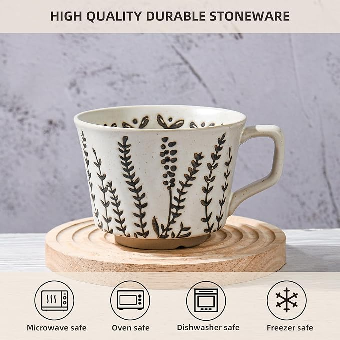 Ceramic Coffee Mug, 12 oz Novelty Unique Teacup with Large Handle, Stoneware Cup for Tea Mocha Latte Cappuccino Espresso (Set of 4, Butterfly Grass Ivy and Leaf)