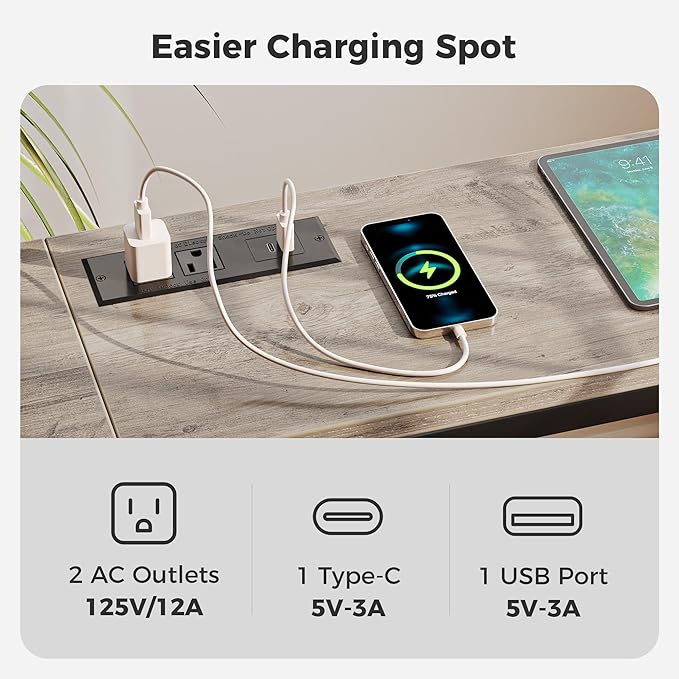 SUPERJARE 70 Inch Console Table with Outlet, Narrow Entryway Table for Living Room, Oak