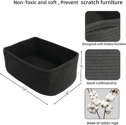 Small Woven Storage Baskets 13“X9”X5“ Decorative Rope Bins for Organizing Shelves, Closets, and Toys, Empty Gift Baskets, Cute Organizer Basket for Home and Office (black, Large)