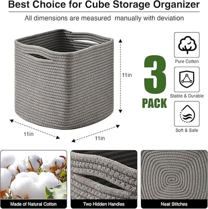 11 Inch Cube Storage Bins, Storage Cube Organizer Bins, Woven Cotton Rope Basket for Storage, Storage Baskets for Organizing Shelves, Grey Baskets for Toys Nursery, Grey (Pack of 3)
