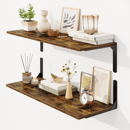 30" W x 12" D Floating Shelves for Wall, Deep Wall Shelves with Visible Bracket for Books, Plant, Large Deep Bathroom Shelf for Storage & Display, Rustic Brown, Set of 2