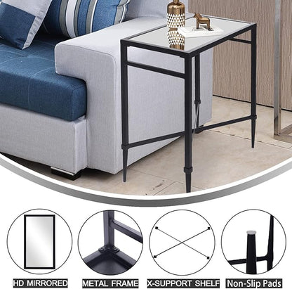 Black End Table, Rectangle Side Table with Mirrored Top, Modern Metal End Table, Small Narrow Side Table for Living Room, Balcony, 22" L x 12.4" W x 24" D