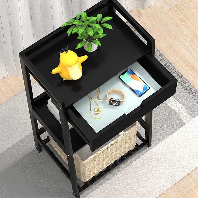 3 Tier Bamboo Bathroom Shelves with Drawer, Ladder Shelf for Bathroom Storage, Space-Saving Design, Stylish Display Nightstand, Stylish Storage Solution for Home, Living Room, Kitchen, Office